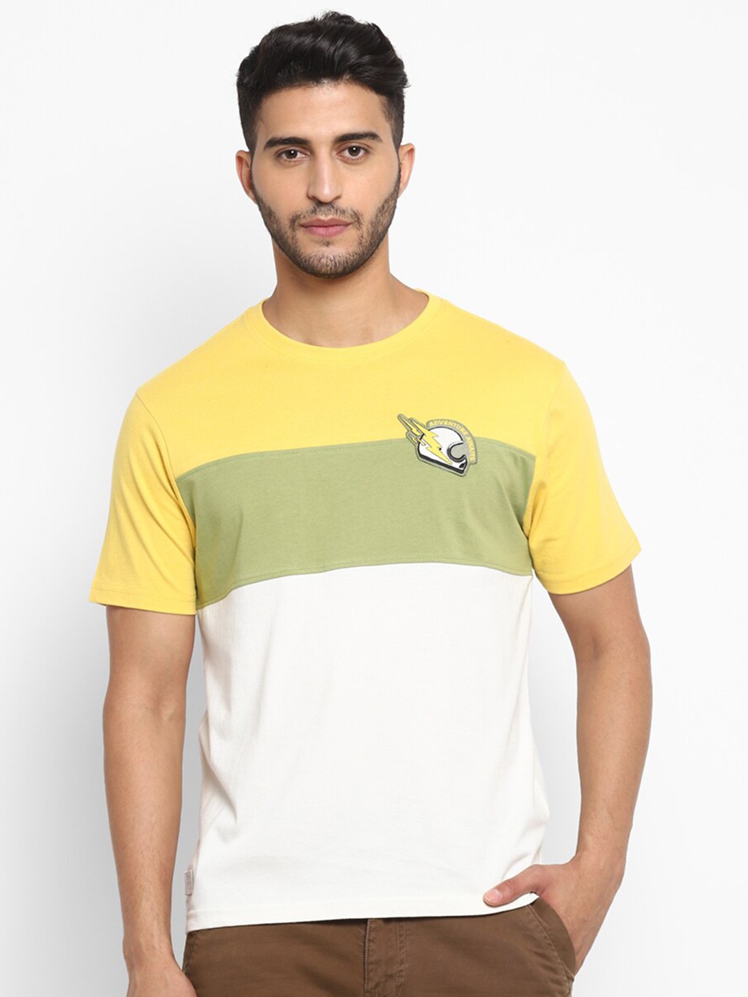

Royal Enfield Men Yellow & White Colourblocked Cotton T-shirt