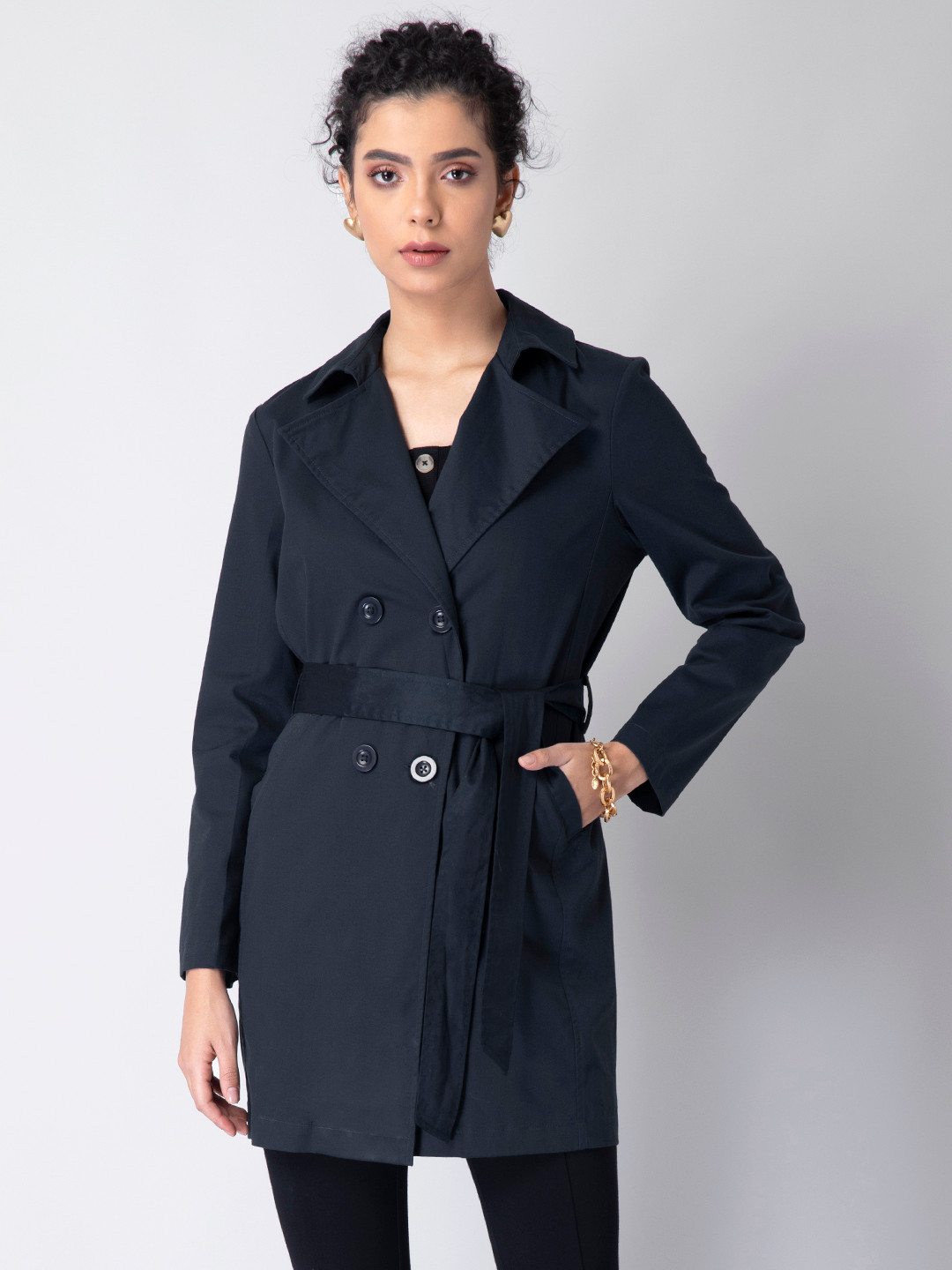 

FabAlley Women Navy Blue Solid Double-Breasted Trench Coat