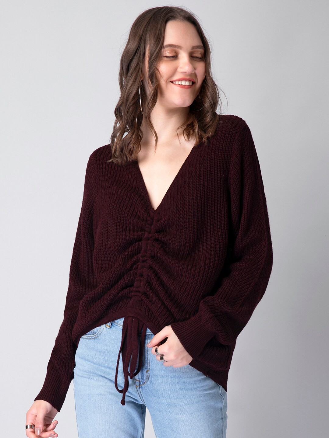 

FabAlley Women Maroon Ruched Front Relaxed Sweater