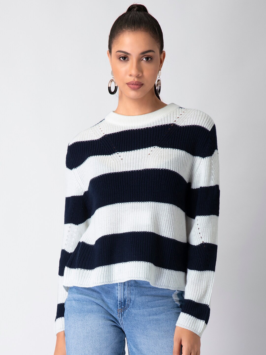 

FabAlley Women White & Navy Blue Striped Pullover