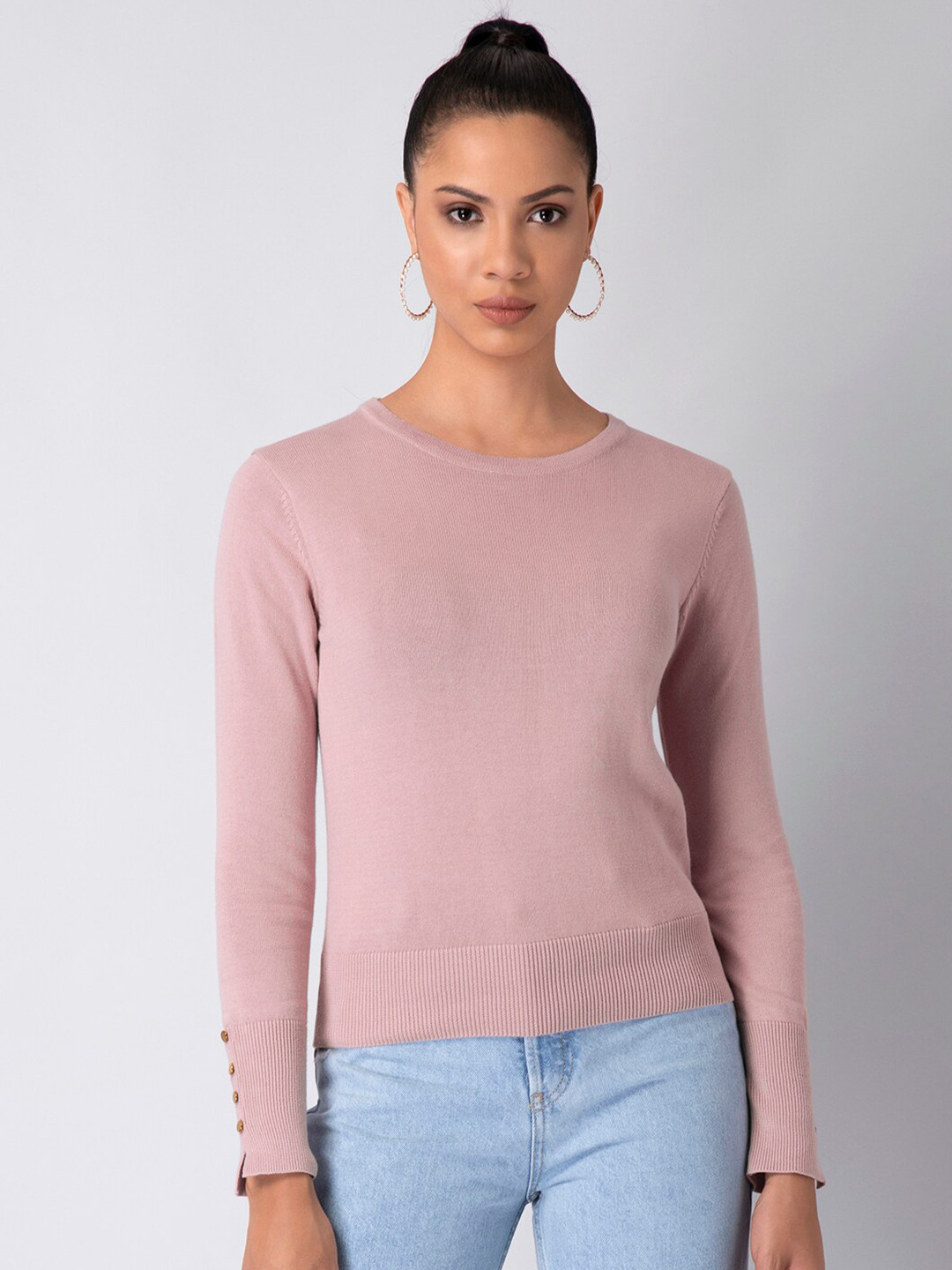 

FabAlley Women Pink Solid Pure Cotton Pullover Sweater