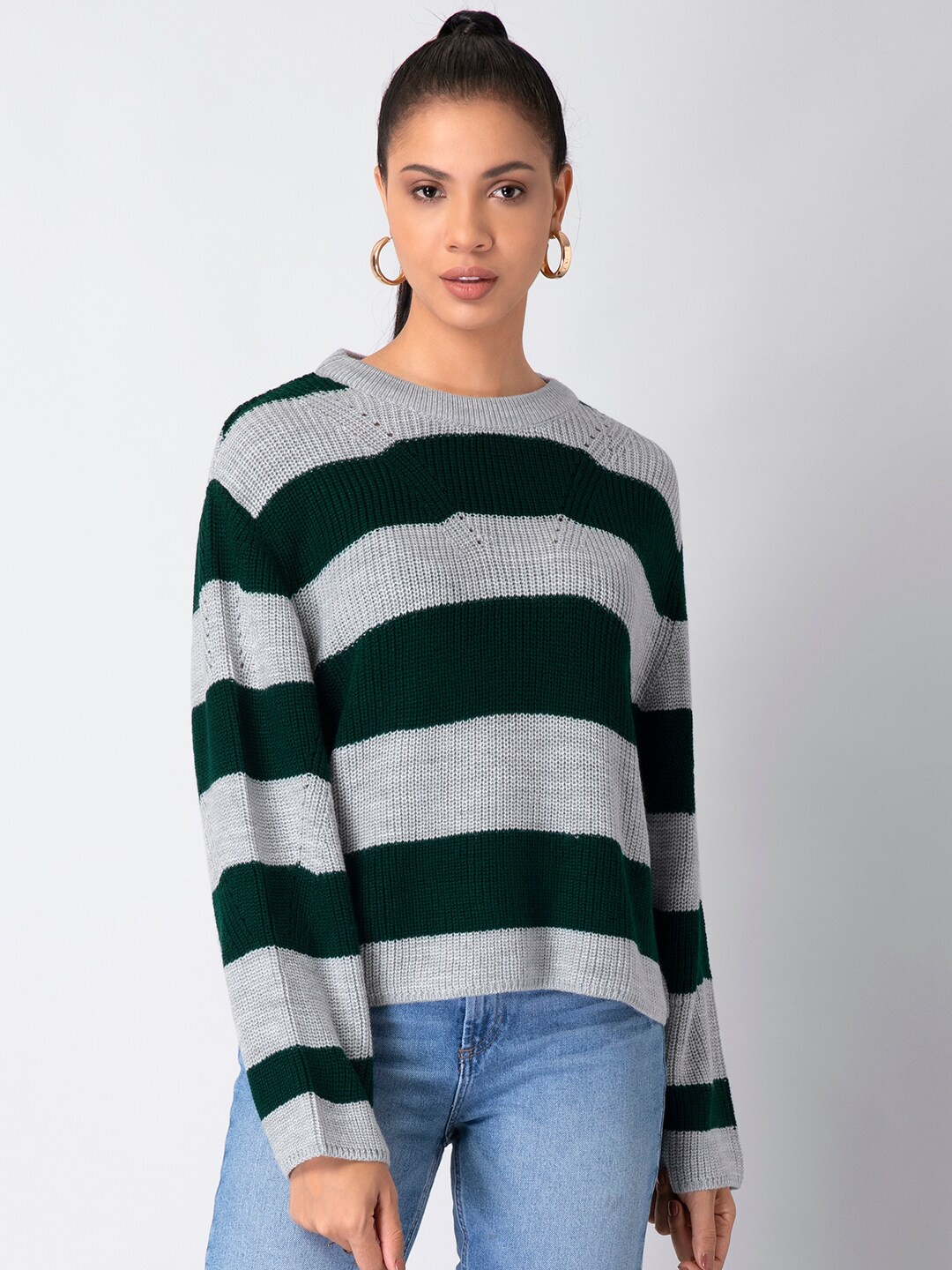 

FabAlley Women Grey & Green Striped Sweater Vest