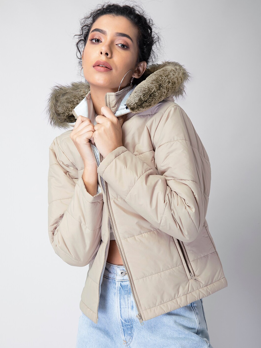 

FabAlley Women Beige Hooded Puffer Jacket
