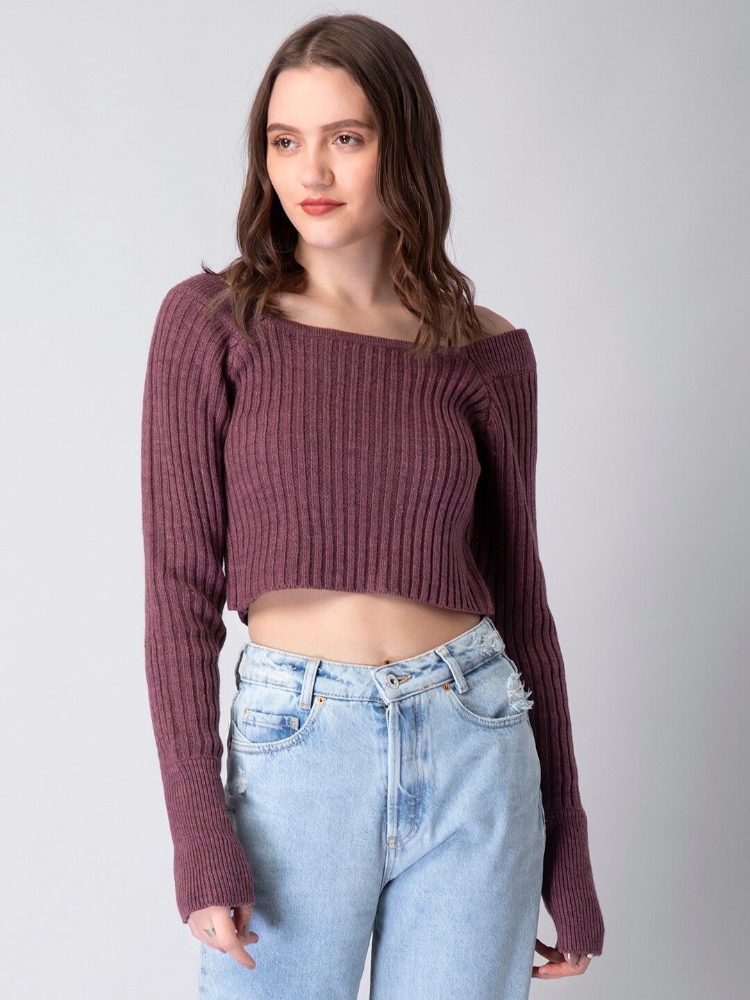 

FabAlley Women Purple Ribbed Crop Pullover