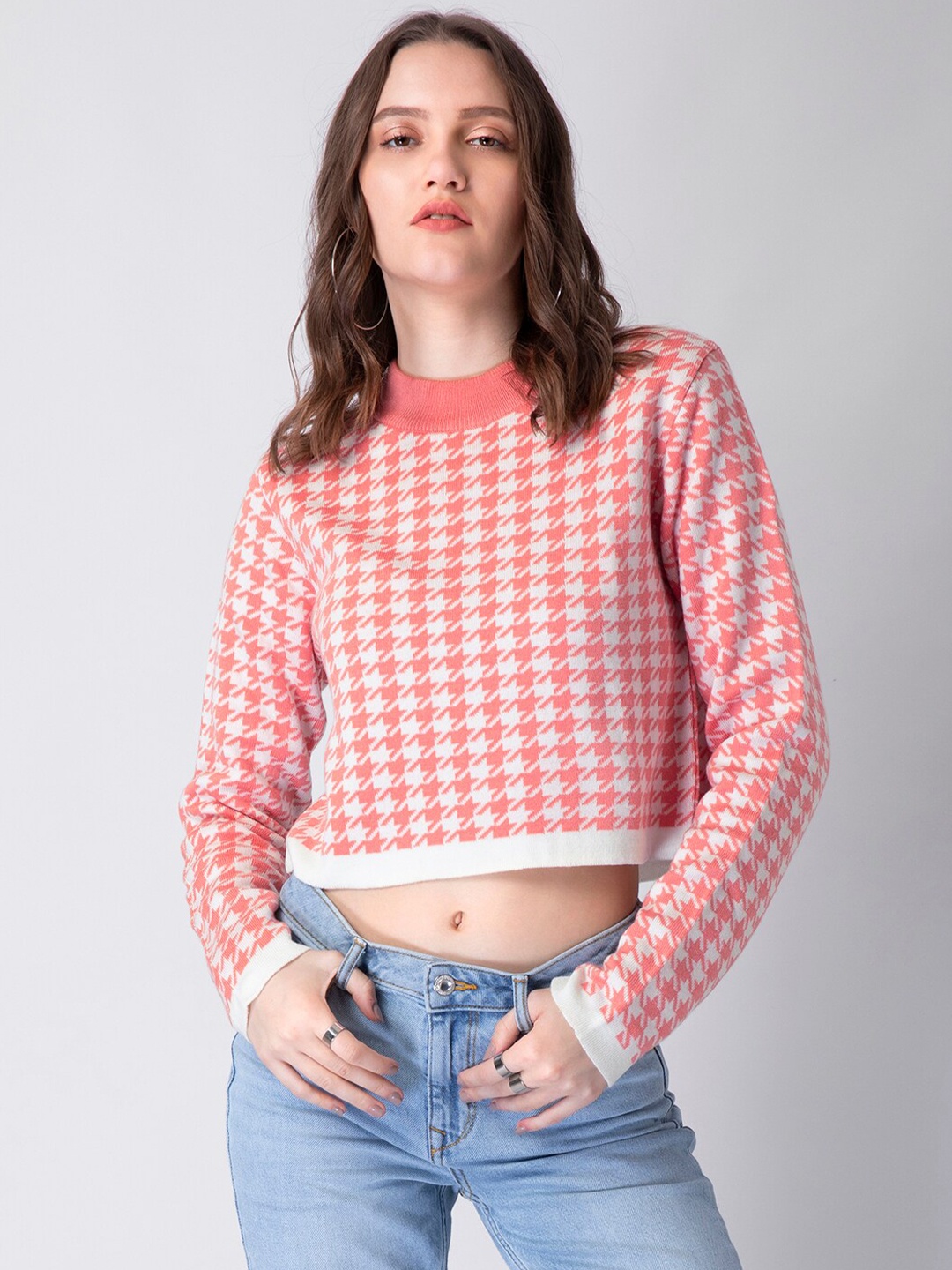 

FabAlley Women Pink & White Printed Houndstooth Pure Cotton Crop Sweater