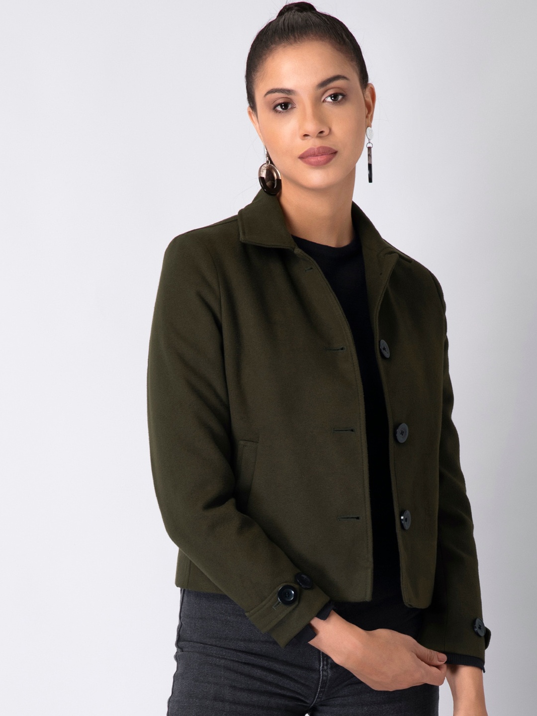 

FabAlley Women Olive Green Solid Cropped Overcoat