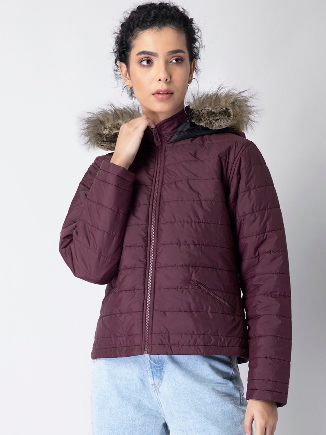 

FabAlley Women Maroon Striped Puffer Hooded Jacket with Faux Fur Trim