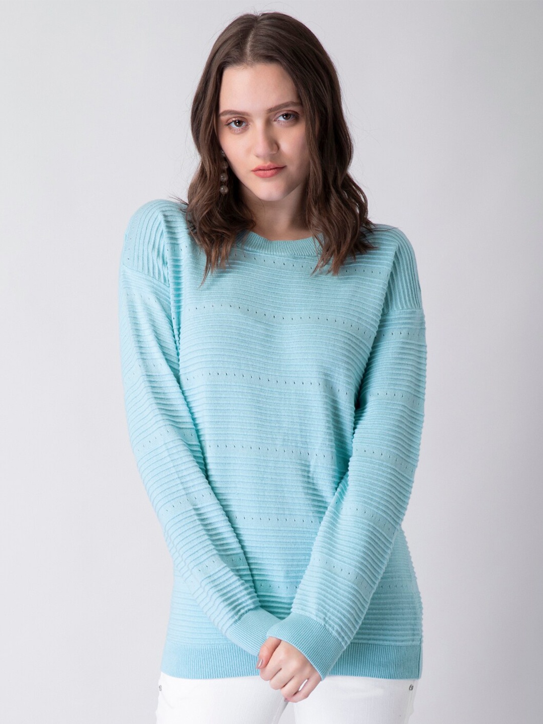 

FabAlley Women Blue Straight Fit Drop-Shoulder Sleeves Pure Cotton Pullover Sweater