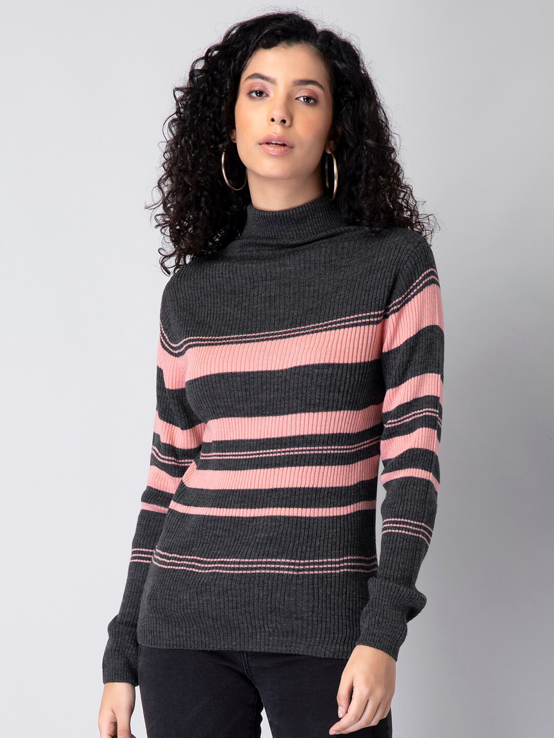 

FabAlley Women Grey & Pink Striped Pullover