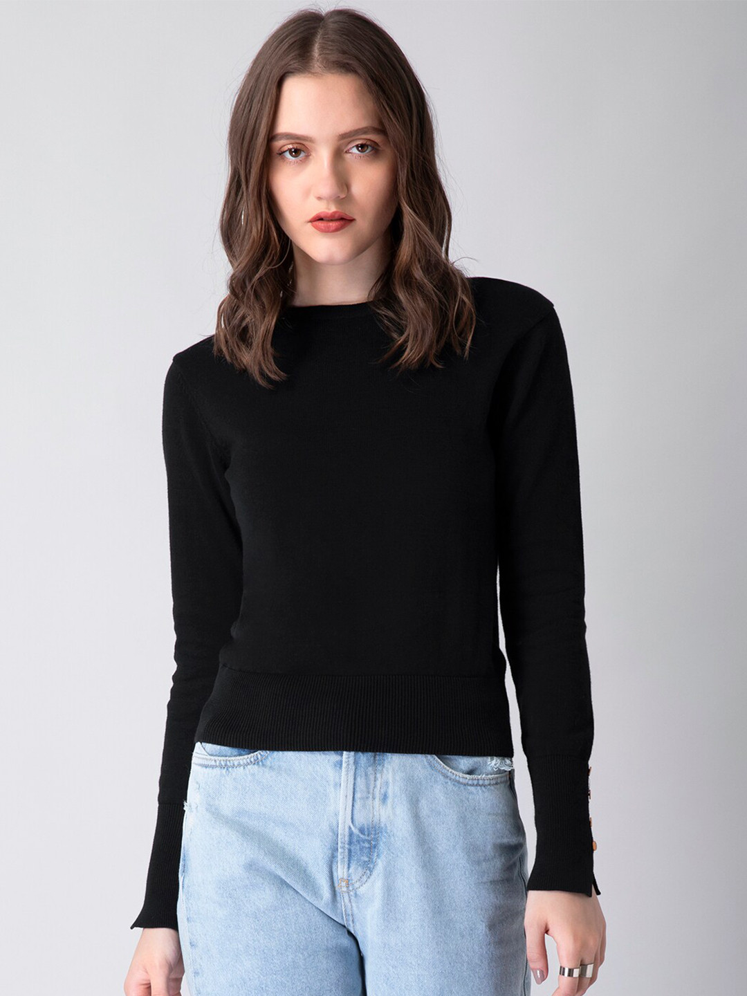 

FabAlley Women Black Solid Crop Pullover