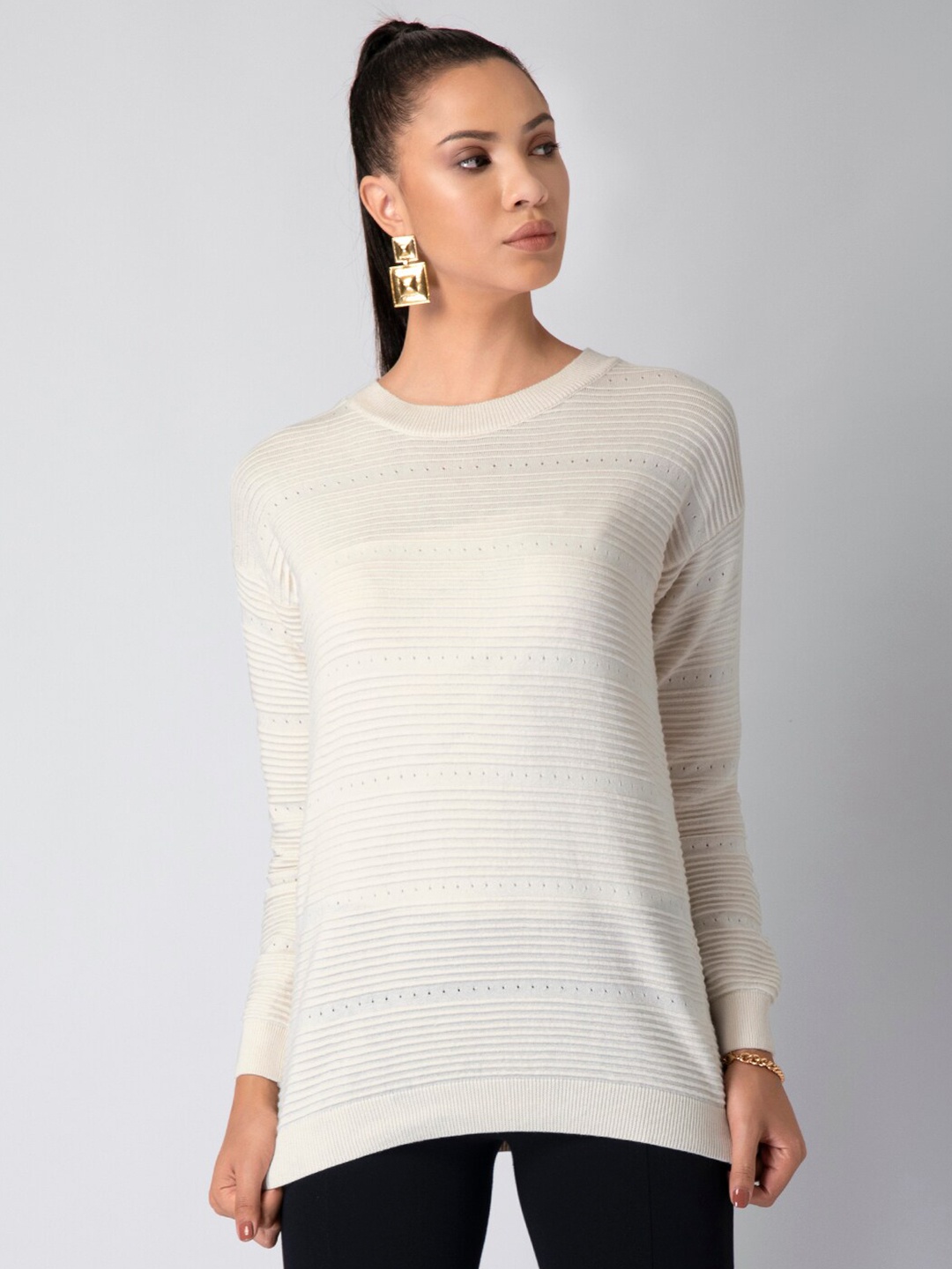 

FabAlley Women White Striped Pullover Pure Cotton Sweater