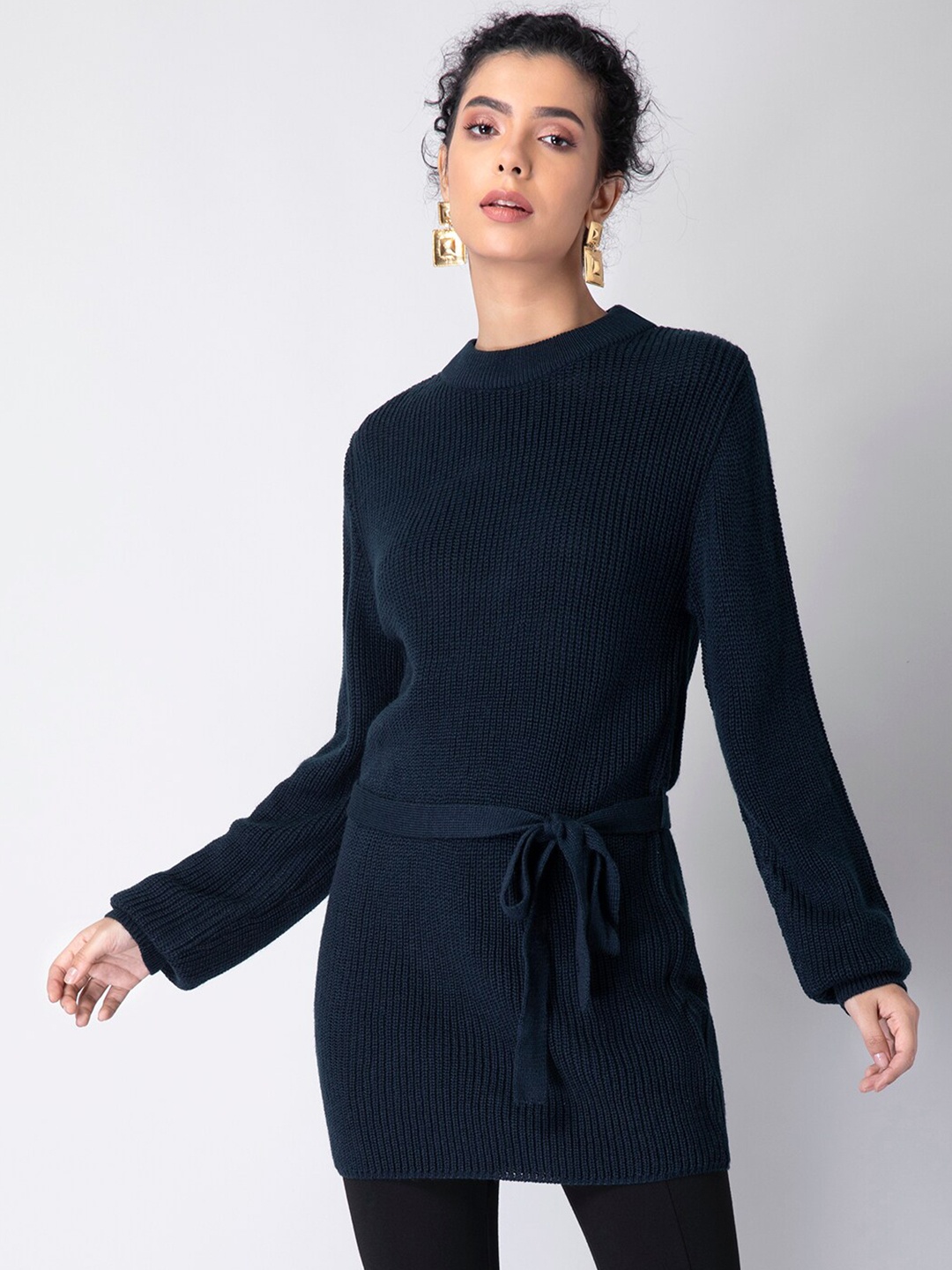 

FabAlley Women Blue Cable Knit Longline Pullover