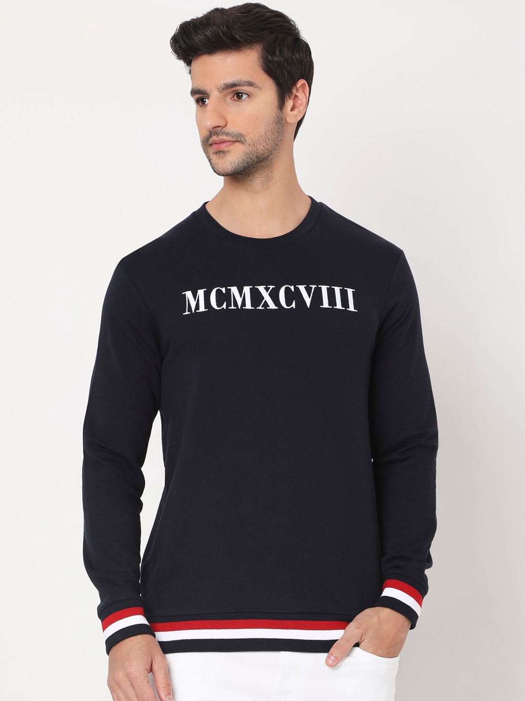 

Mufti Men Cotton Navy Blue Printed Sweatshirt
