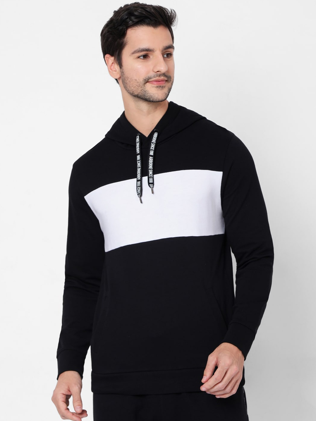 

Mufti Men Black Colourblocked Hooded Sweatshirt