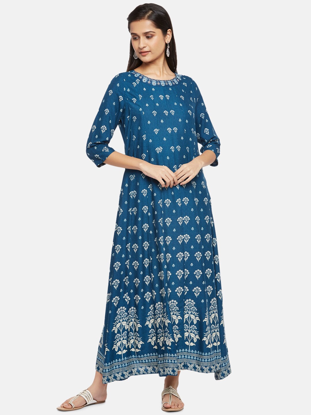 

RANGMANCH BY PANTALOONS Blue & Off White Ethnic Motifs Maxi Dress