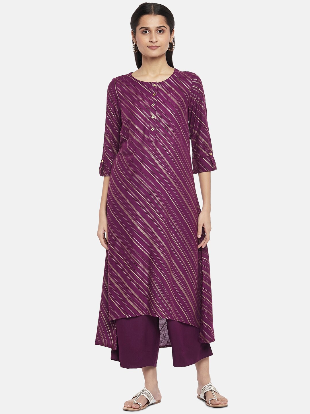 

RANGMANCH BY PANTALOONS Women Burgundy Leheriya Printed High-Low Kurta