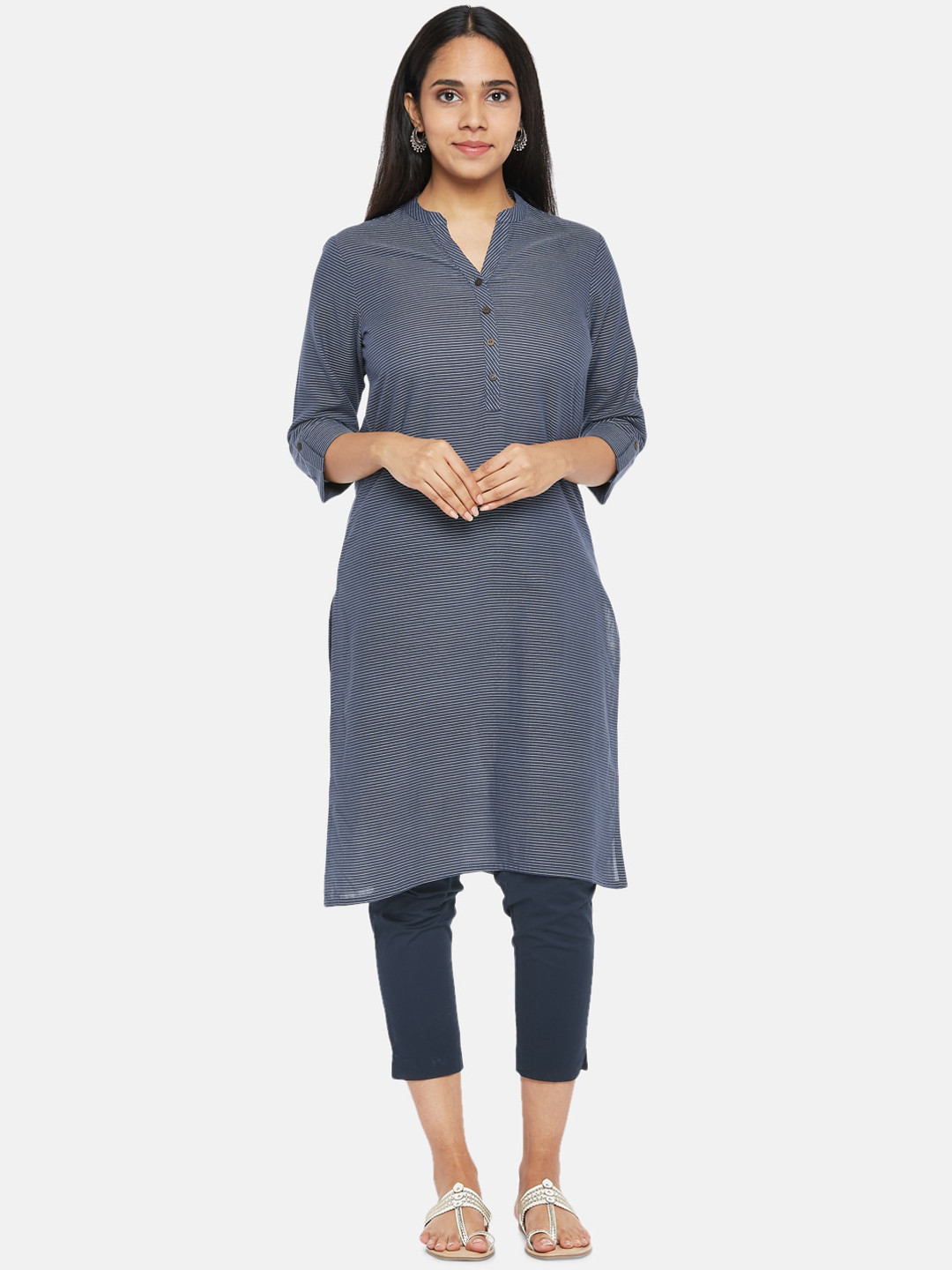 

RANGMANCH BY PANTALOONS Women Blue Striped Pure Cotton Kurta