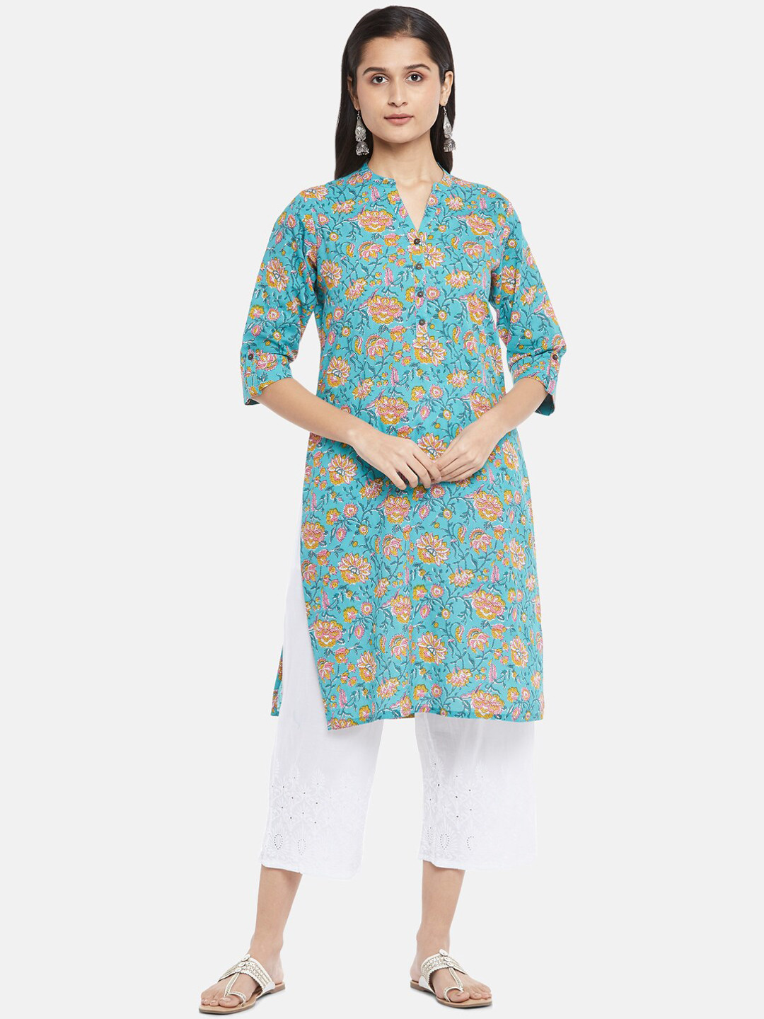 

RANGMANCH BY PANTALOONS Women Turquoise Blue Floral Printed Kurta