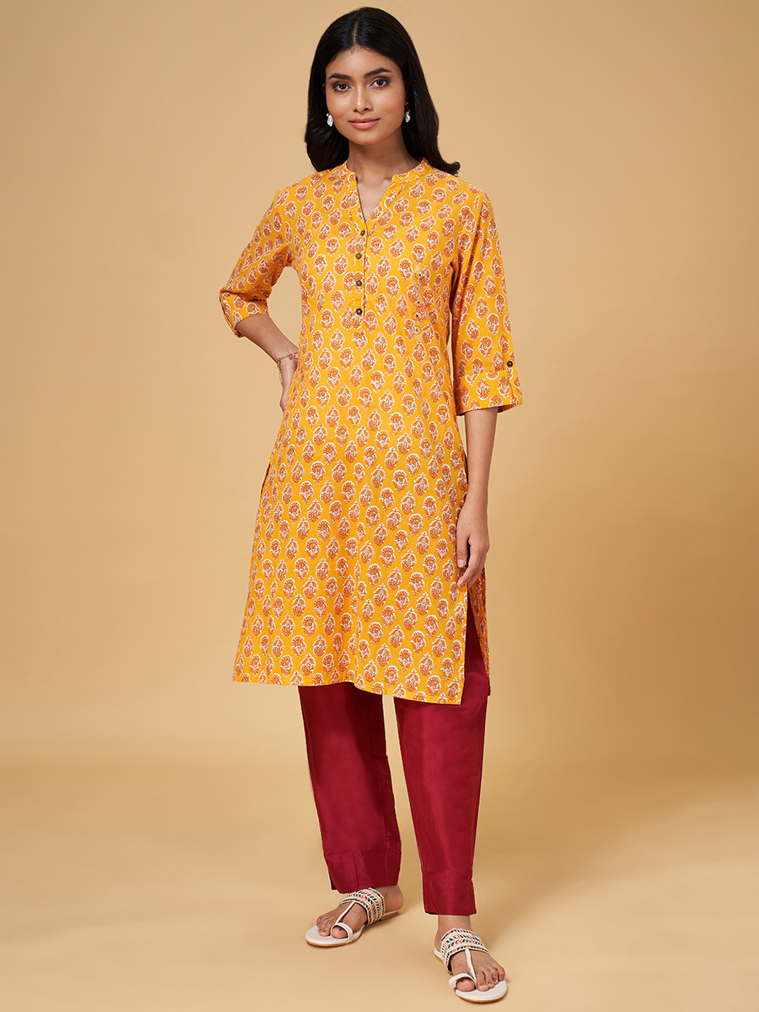 

RANGMANCH BY PANTALOONS Women Mustard Yellow Printed Thread Work Kurta