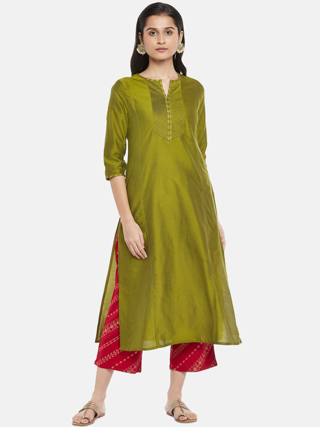 

RANGMANCH BY PANTALOONS Women Olive Green Keyhole Neck Kurta