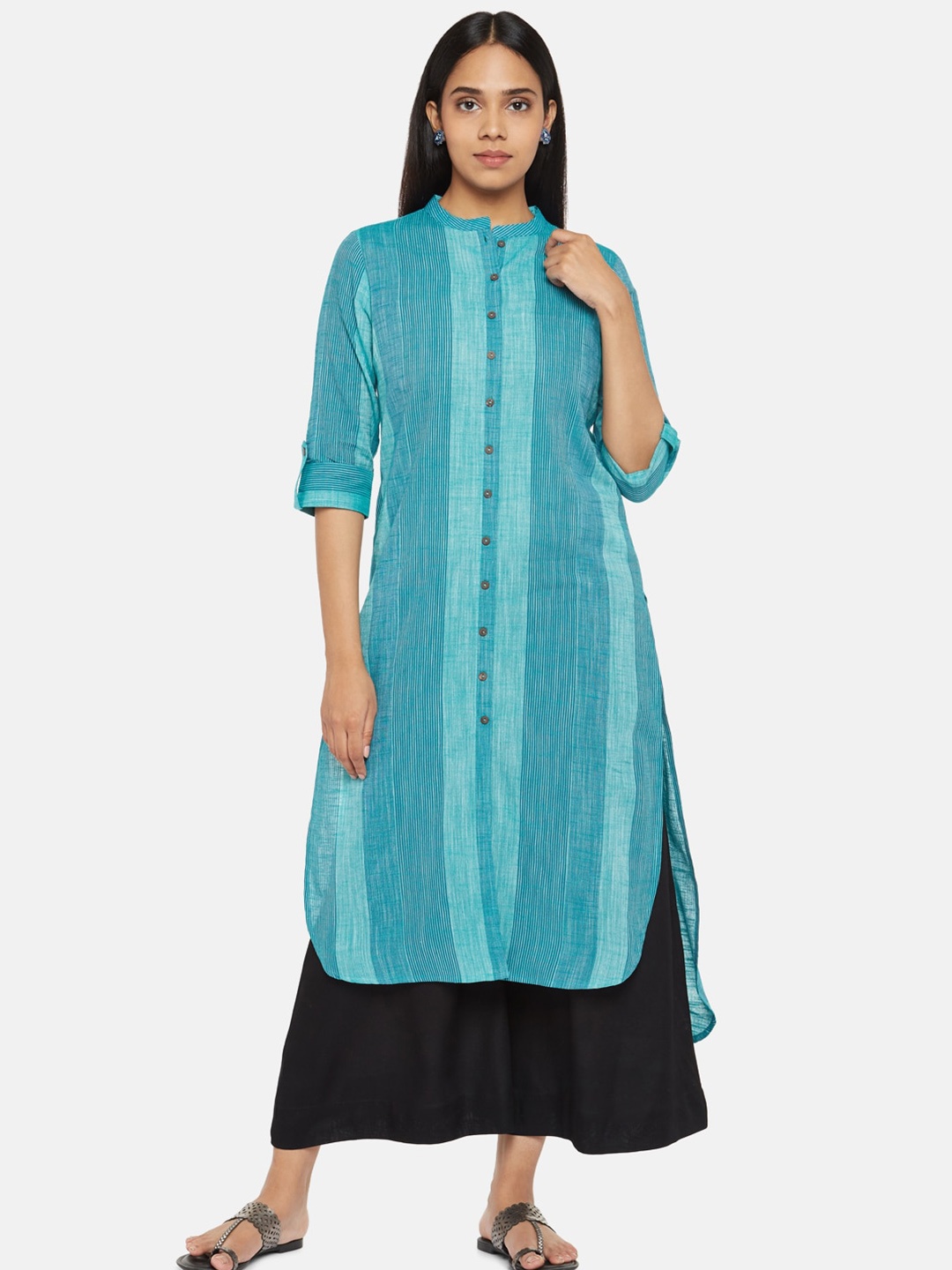 

RANGMANCH BY PANTALOONS Women Turquoise Blue Striped Dobby Pure Cotton Pathani Kurta