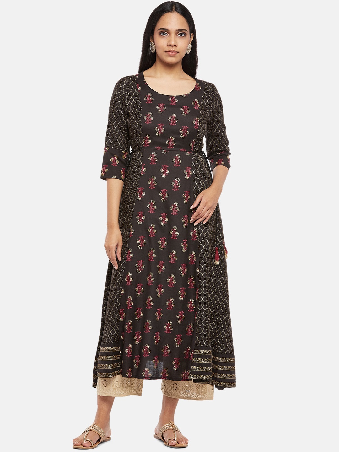 

RANGMANCH BY PANTALOONS Women Brown & Burgundy Floral Printed Layered Kurta