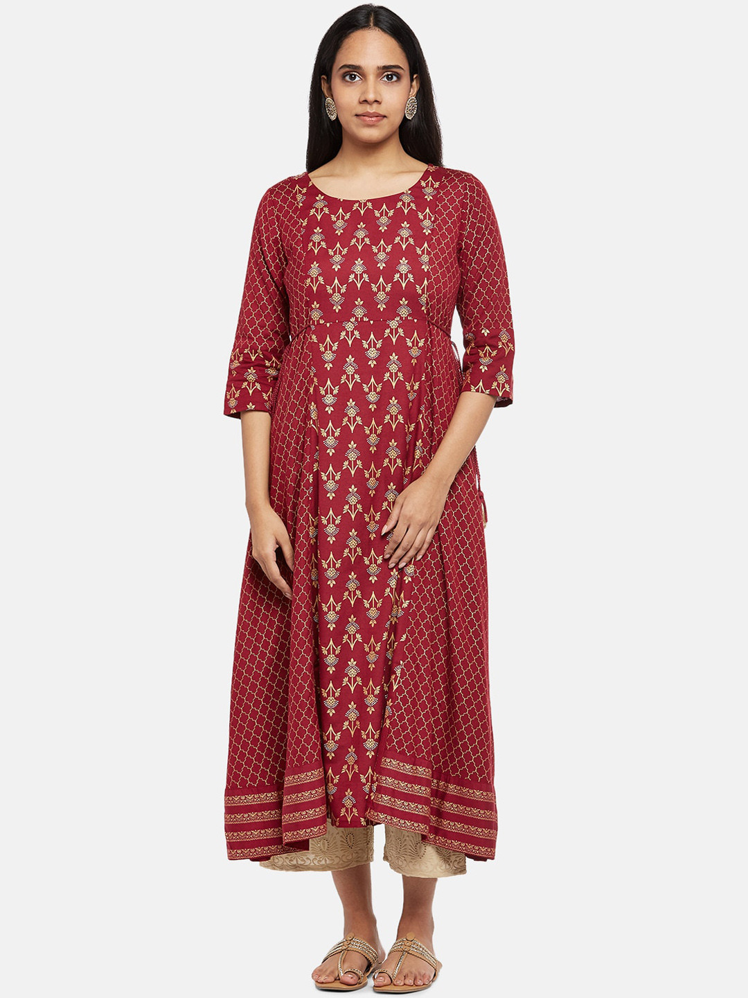 

RANGMANCH BY PANTALOONS Women Red & Gold-Toned Ethnic Motifs Printed Kurta