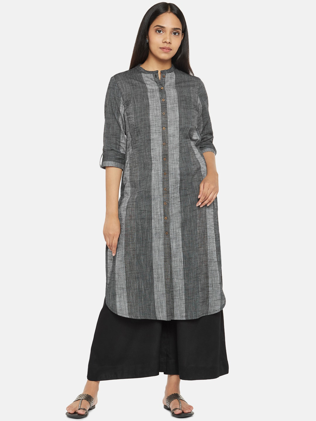 

RANGMANCH BY PANTALOONS Women Black & Grey Striped Pure Cotton Dobby Kurta