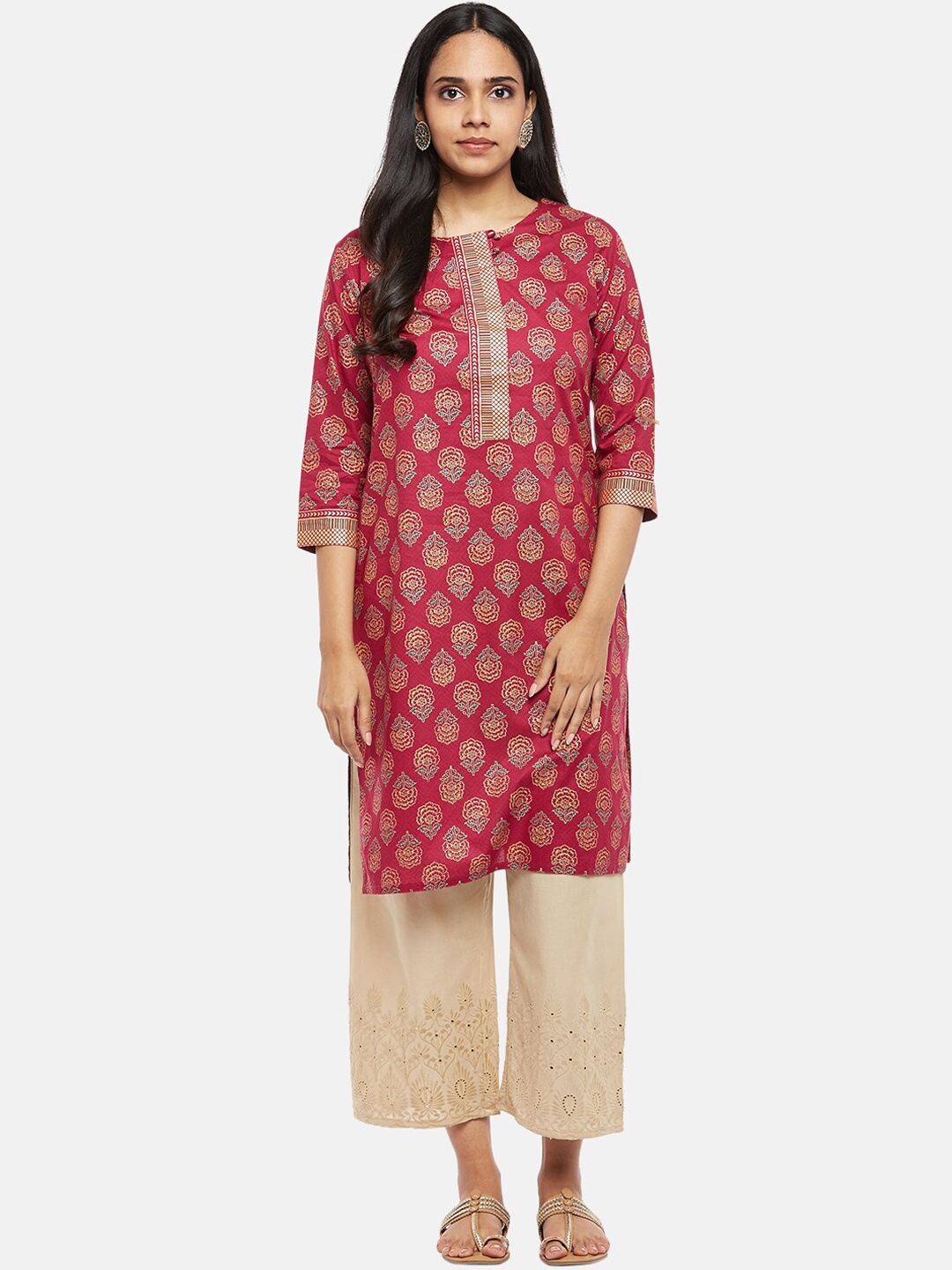 

RANGMANCH BY PANTALOONS Women Red & Yellow Ethnic Motifs Printed Pure Cotton Kurta