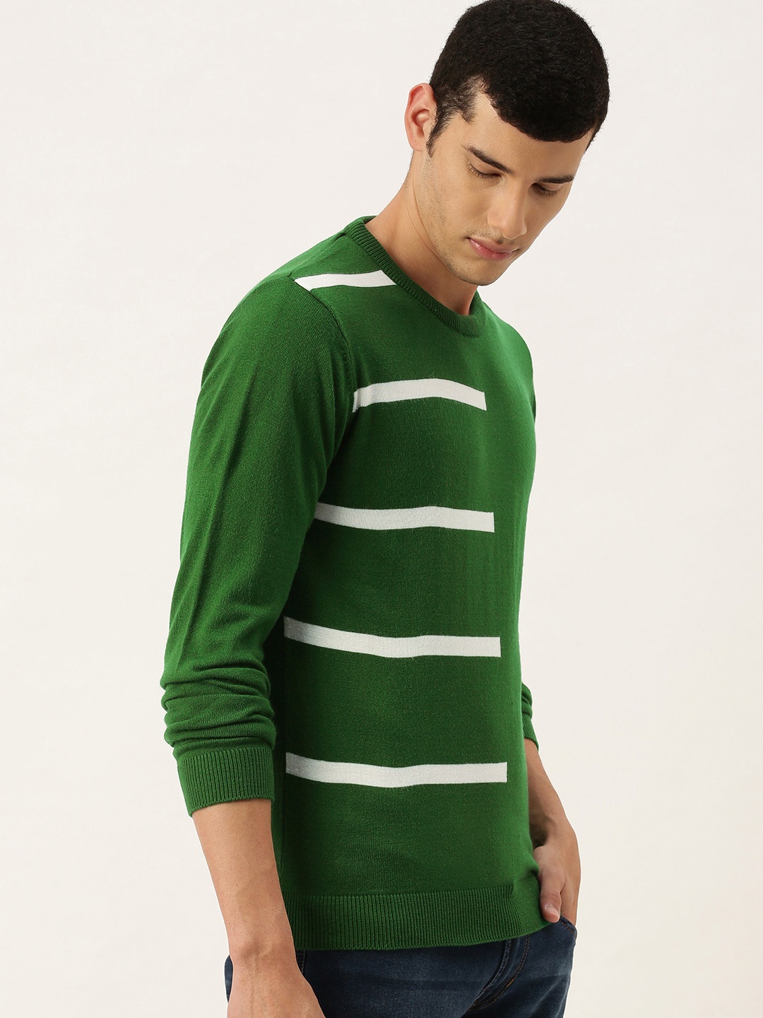 

PETER ENGLAND UNIVERSITY Men Green & White Striped Pullover