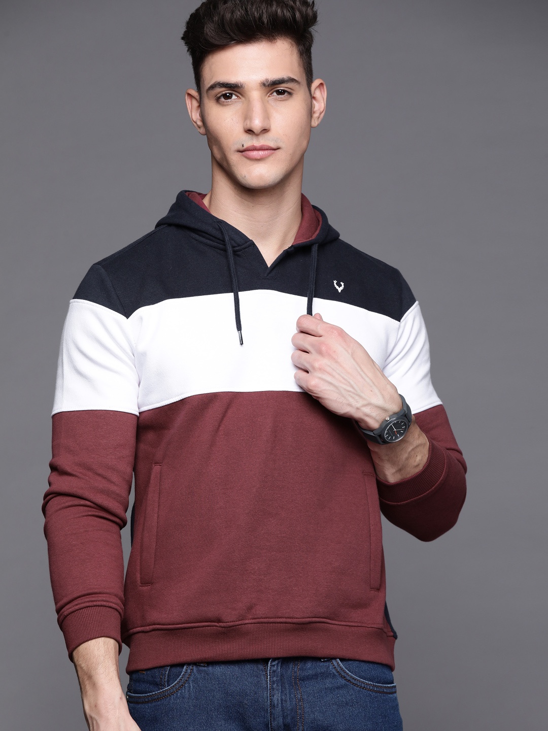 

Allen Solly Sport Men Navy Blue & Maroon Colourblocked Sweatshirt