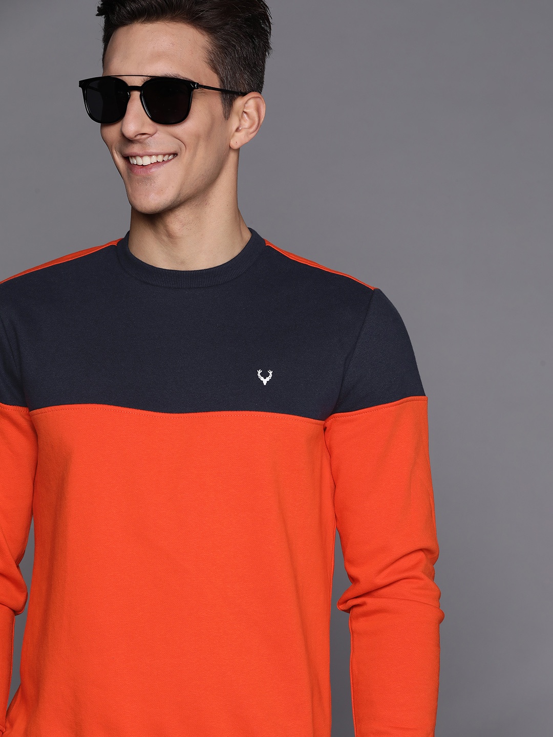 

Allen Solly Sport Men Orange & Navy Blue Colourblocked Sweatshirt