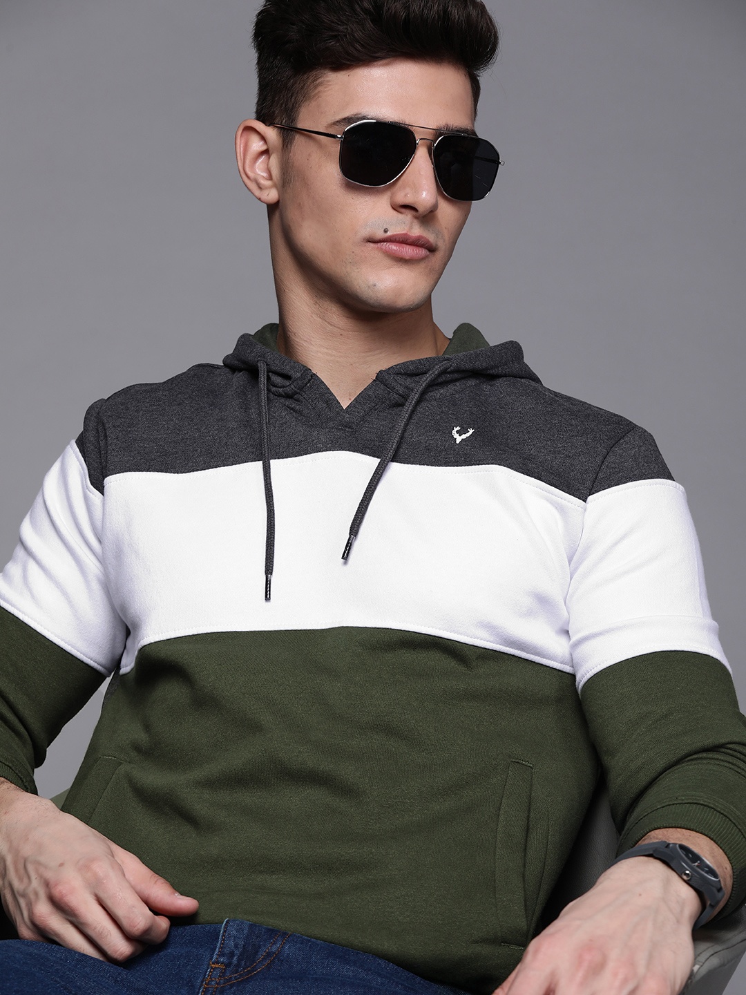 

Allen Solly Sport Men Olive Green & Charcoal Grey Colourblocked Hooded Sweatshirt