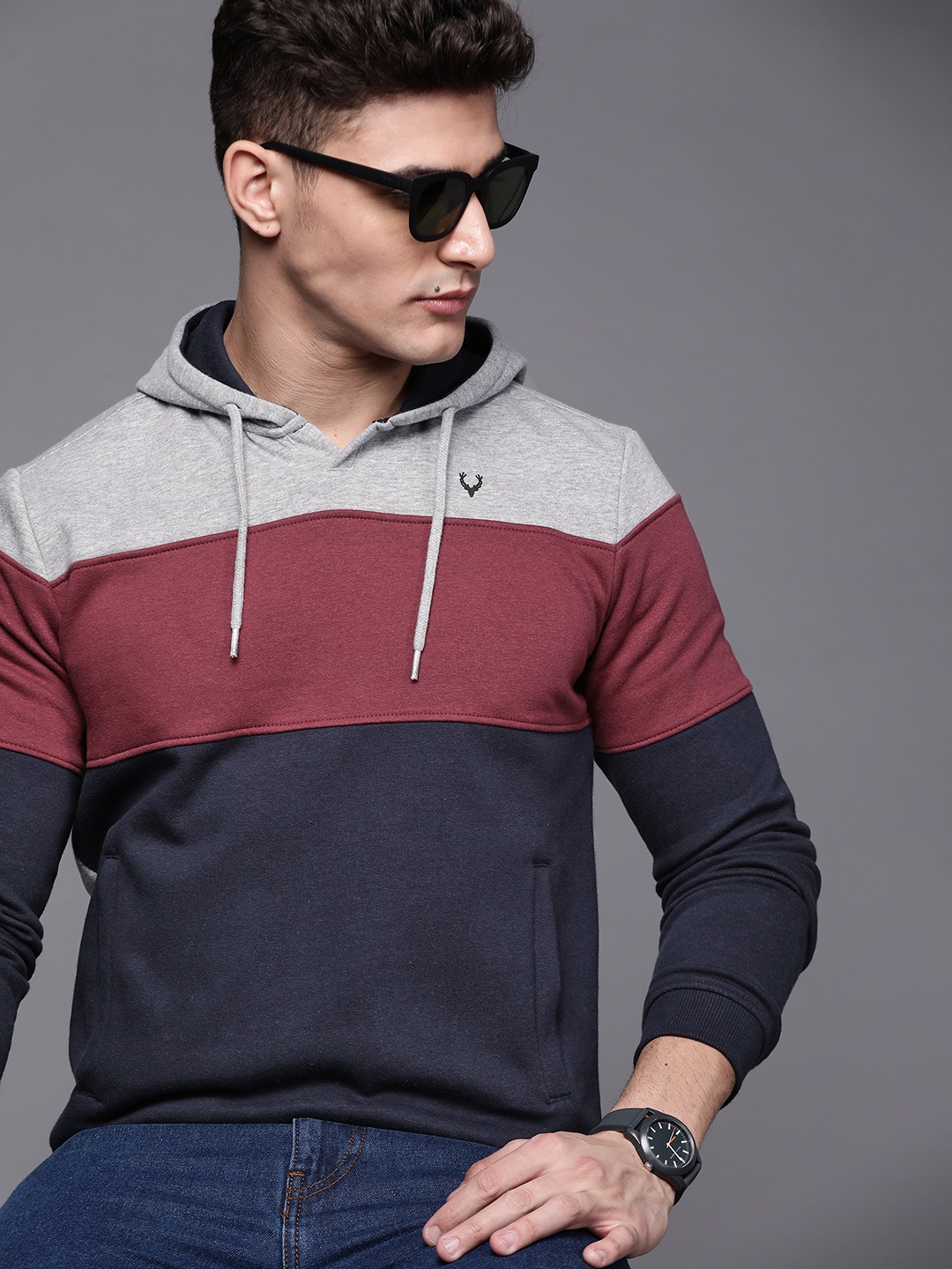 

Allen Solly Sport Men Navy Blue & Grey Melange Colourblocked Hooded Sweatshirt