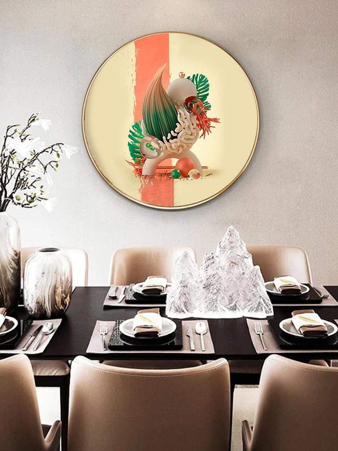 

THE ARTMENT Beige & Green Surreal Explosion Round Canvas Matte Finish Wall Art