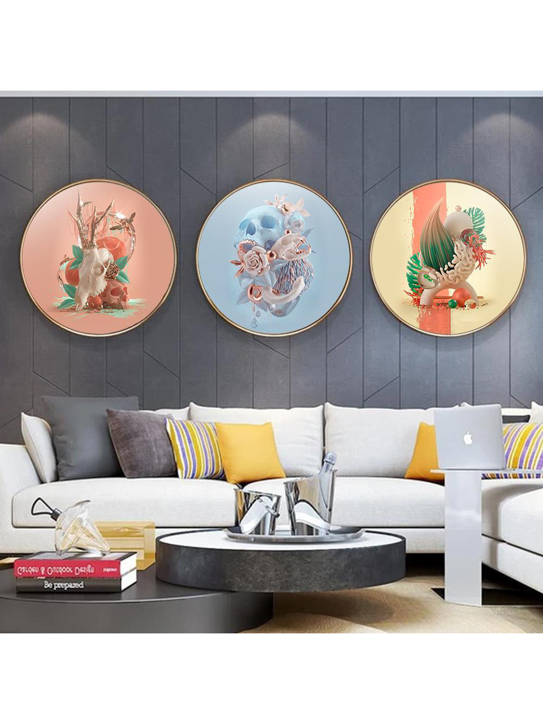 

THE ARTMENT Set Of 3 Beige Surreal Explosion Round Canvas
