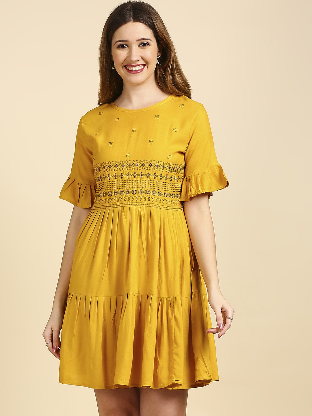

Anubhutee Yellow Floral Embroidered Dress
