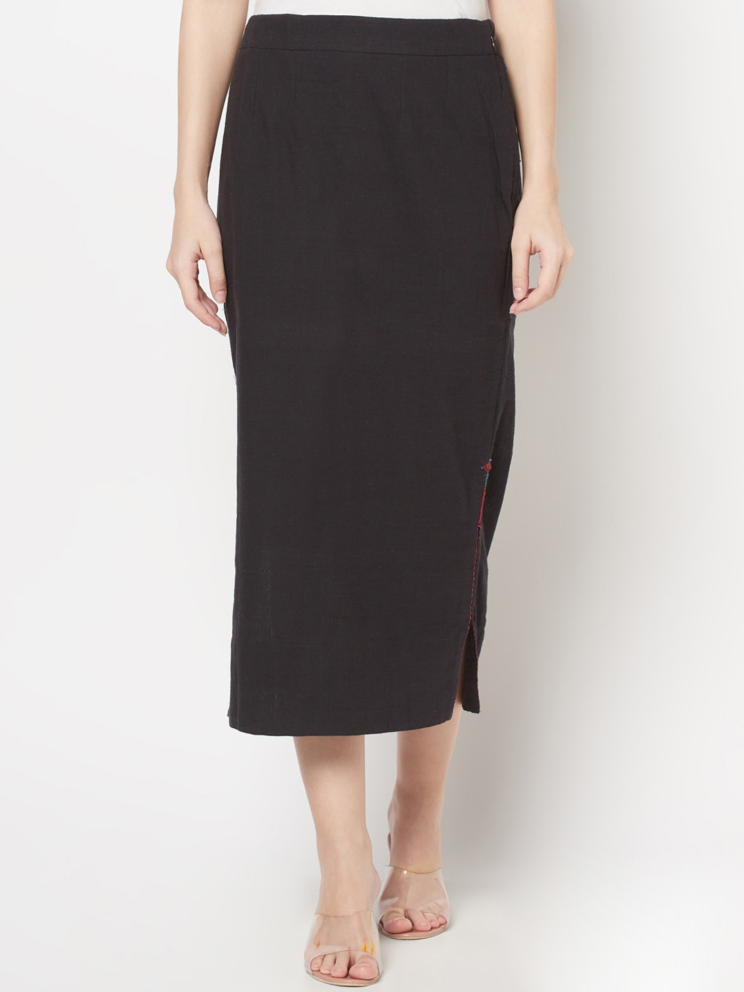 

Fabindia Women Black Solid Pure Cotton Pencil Midi-Length Skirt