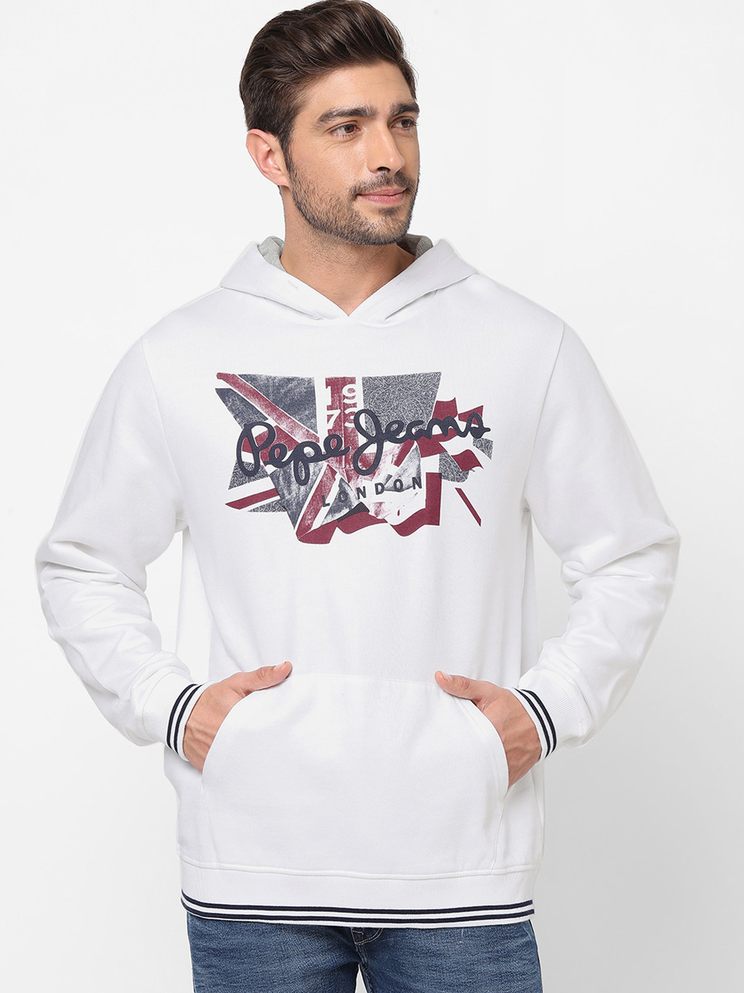 

Pepe Jeans Men White Printed Pure Cotton Hooded Sweatshirt