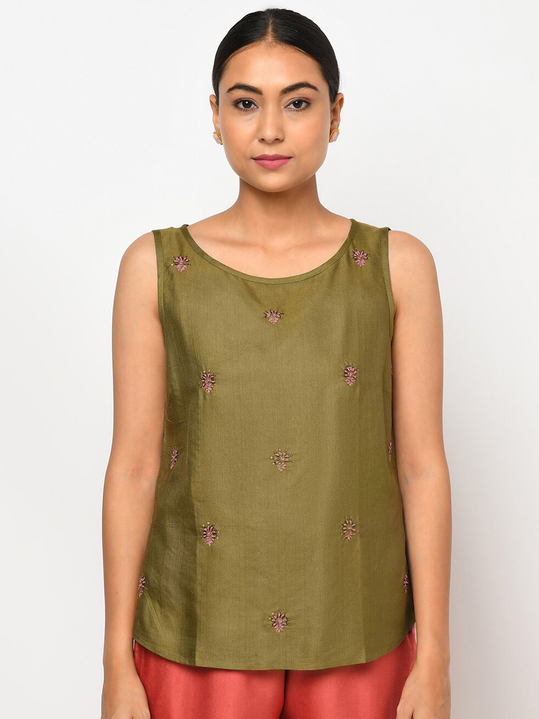 

Fabindia Green Floral Embellished Regular Top
