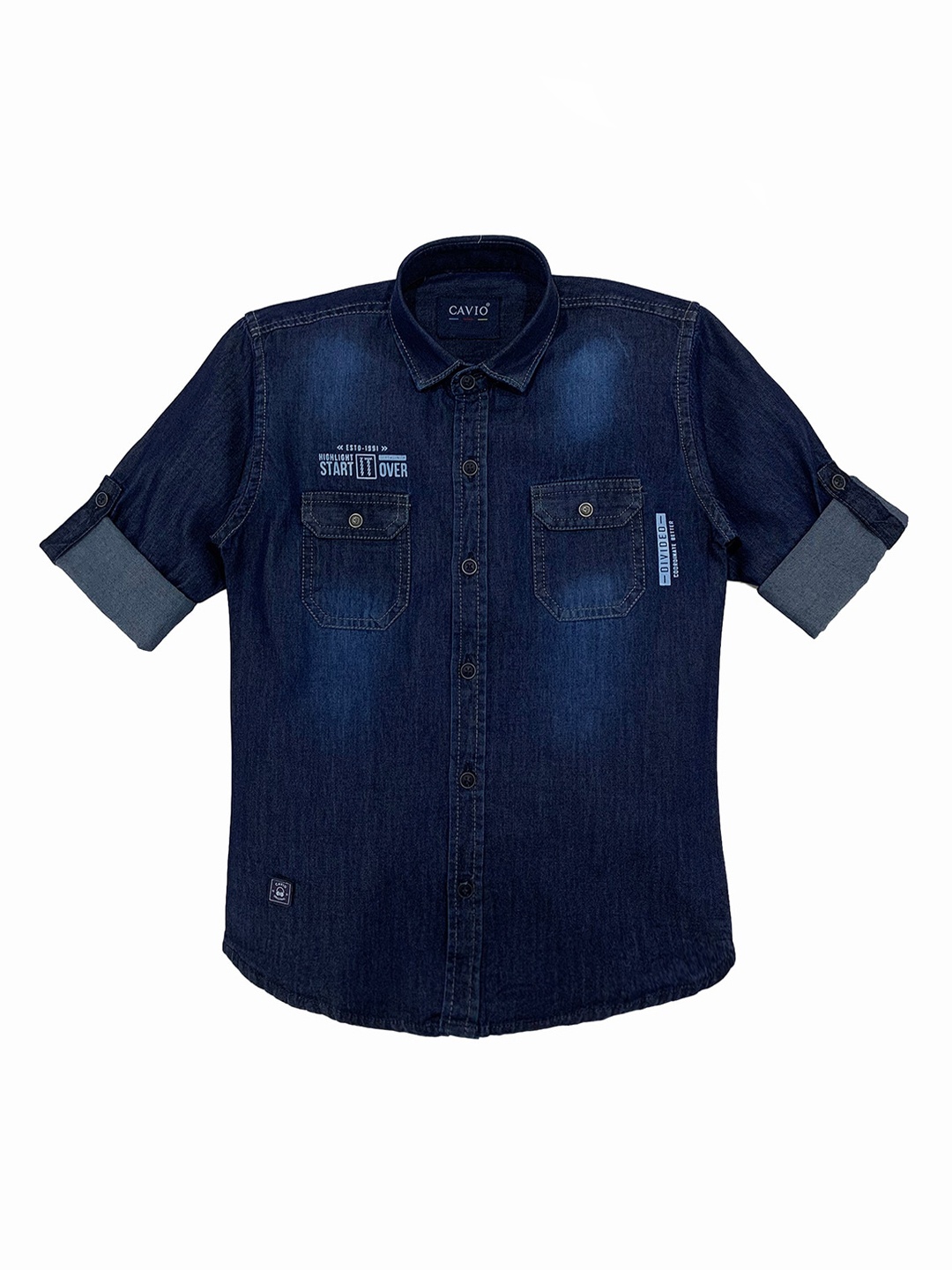 

CAVIO Boys Navy Blue Premium Faded Opaque Faded Denim Casual Shirt