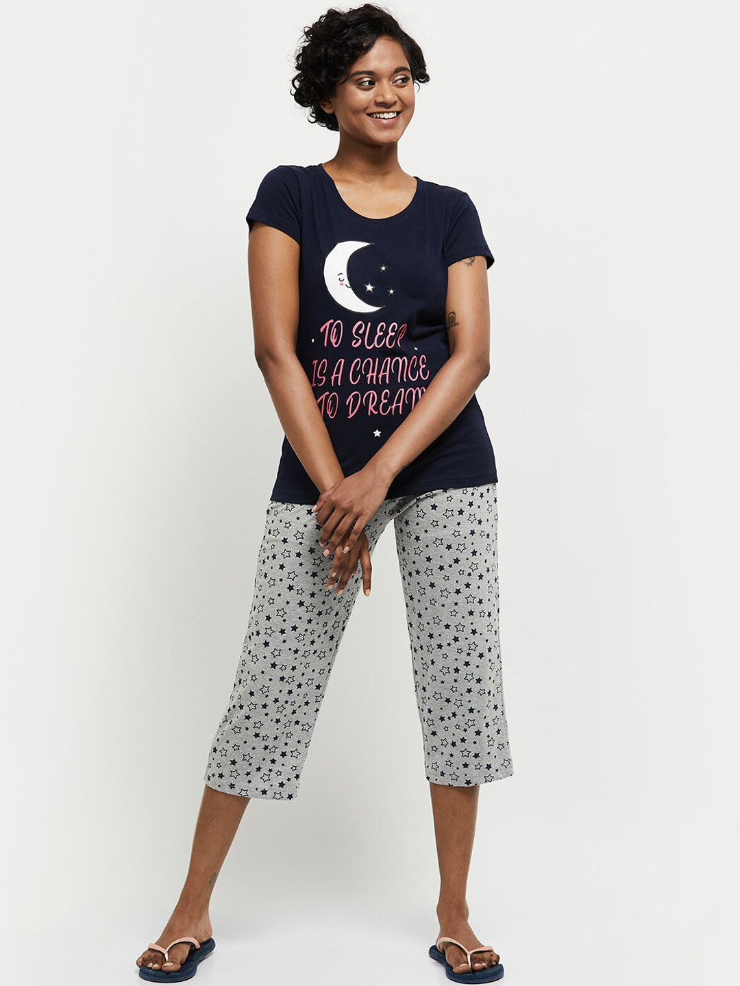 

max Women Navy Blue & Grey Printed Night Suit
