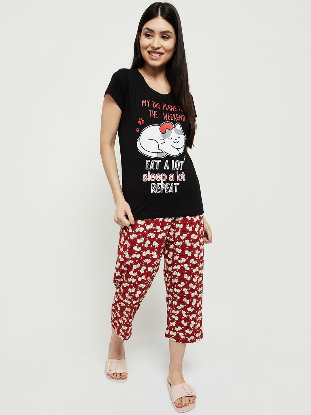 

max Women Black & Maroon Printed Pure Cotton Night suit