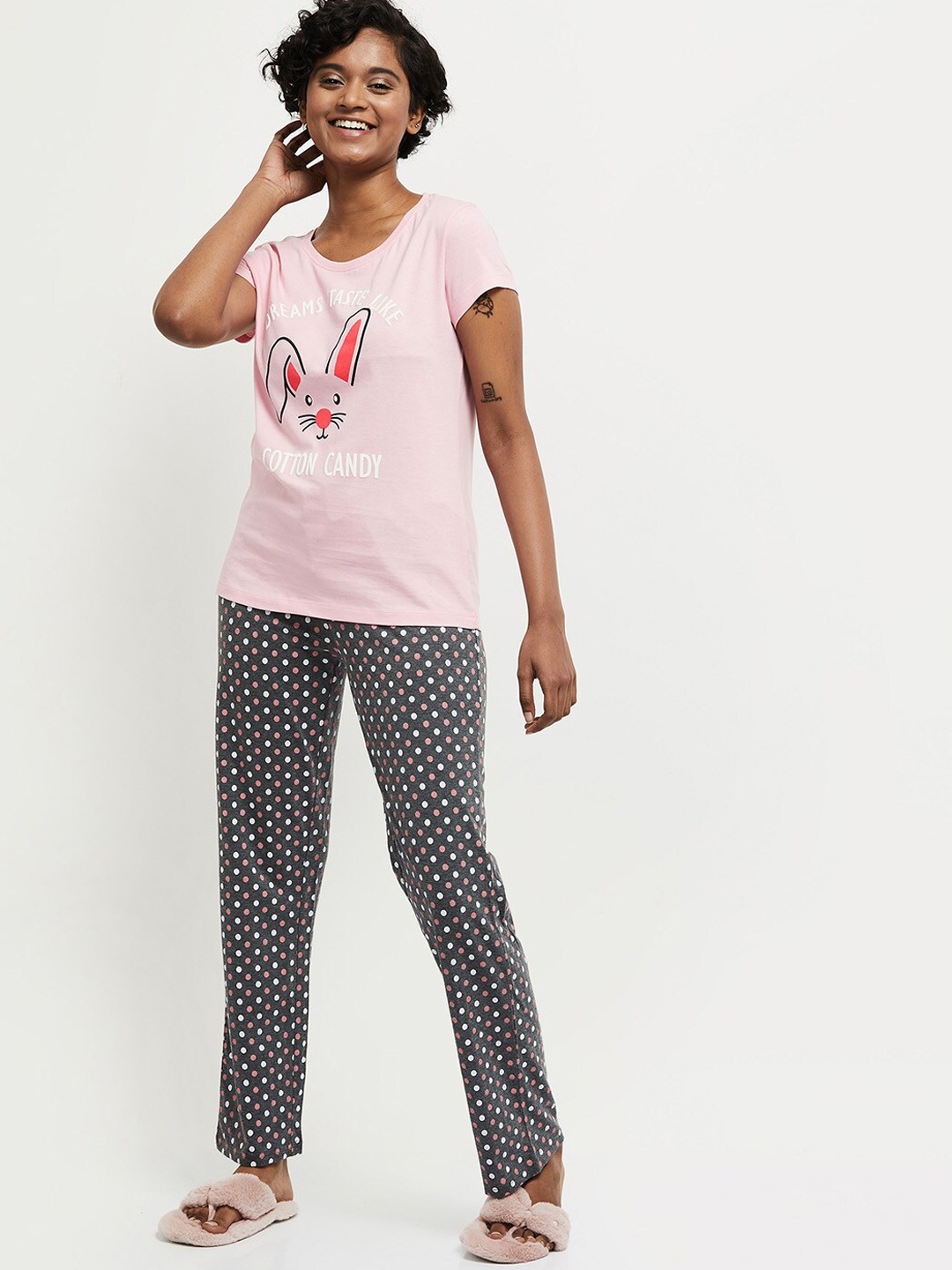 

max Women Pink & Grey Printed Cotton Night suit