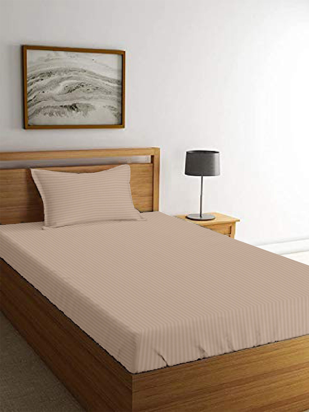 

MAYFAIR HOMES LONDON Beige Striped 210 TC Single Bedsheet with 1 Pillow Covers