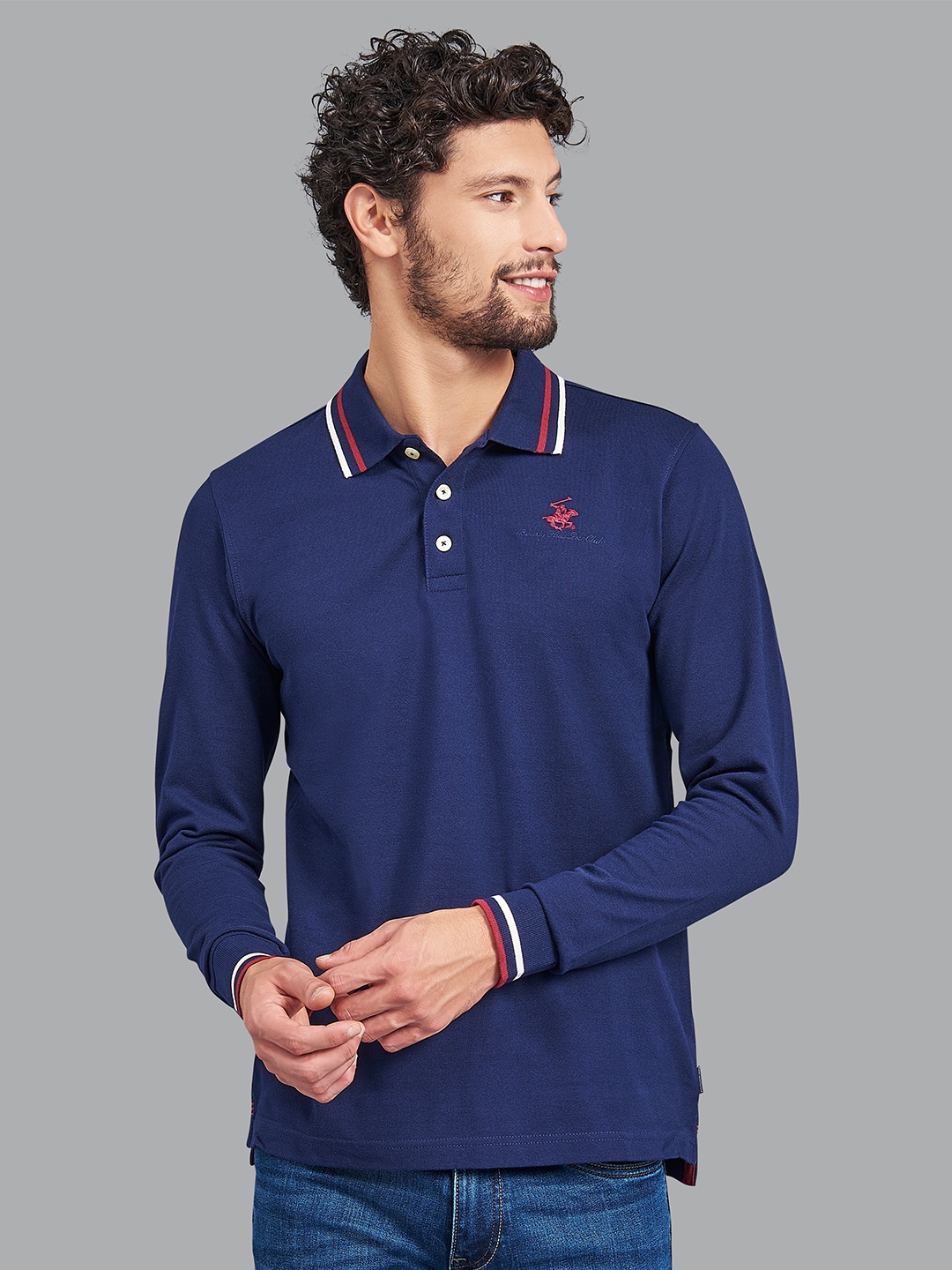 

Beverly Hills Polo Club Men Navy Blue Solid Polo Collar T-Shirt