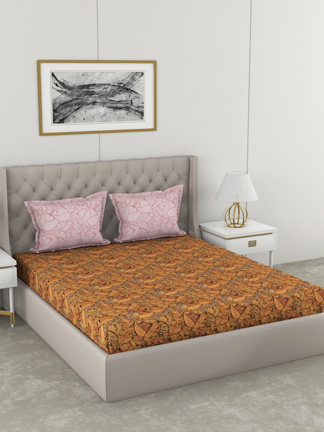 

BIANCA Orange & Brown Floral 210 TC Cotton King Bedsheet with 2 Pillow Covers