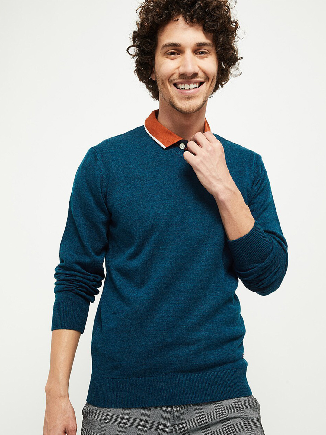

max Men Teal Blue Longline Acrylic Pullover