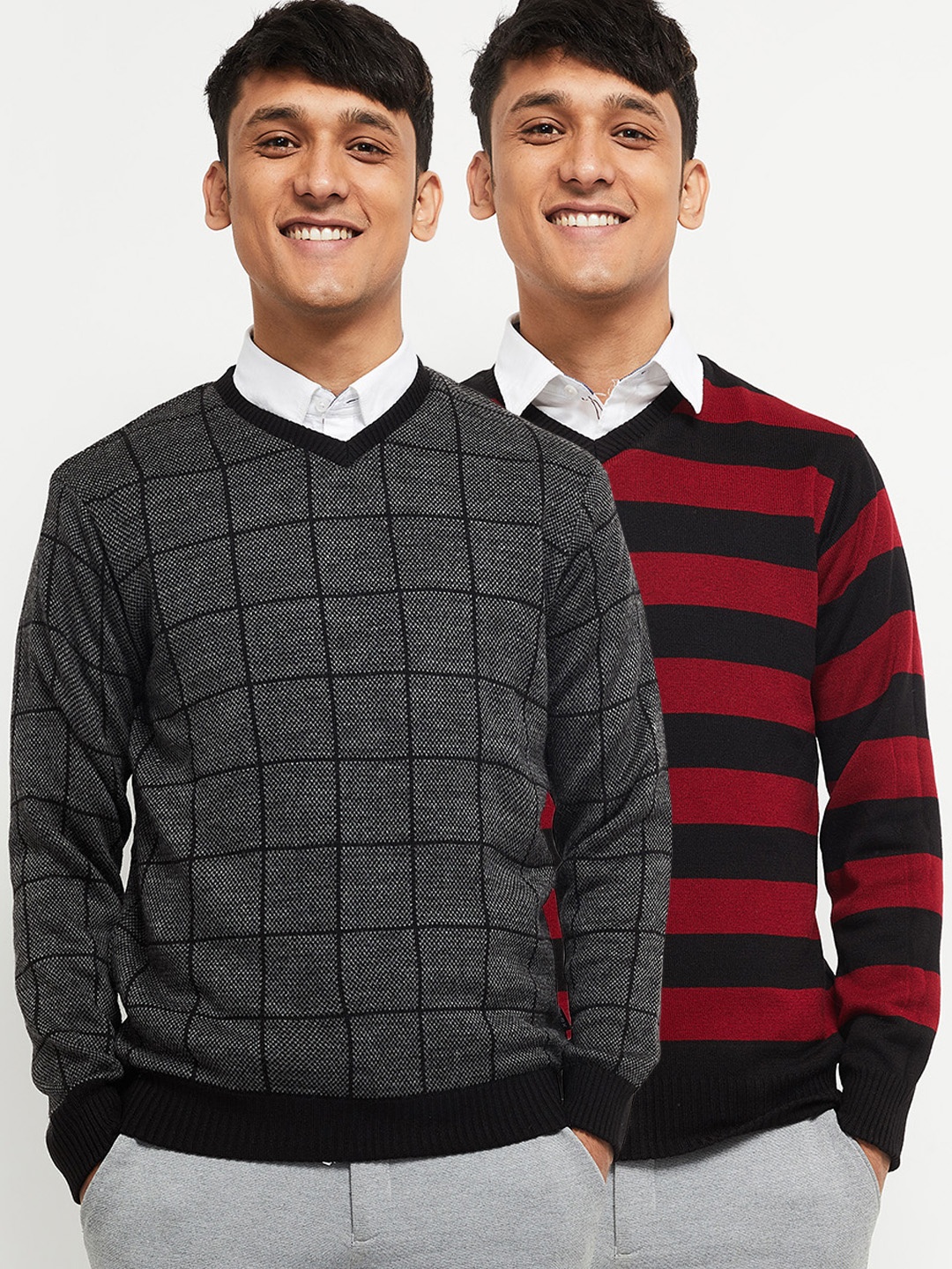 

max Men Pack of 2 Checked Printed Sweater Vest, Grey