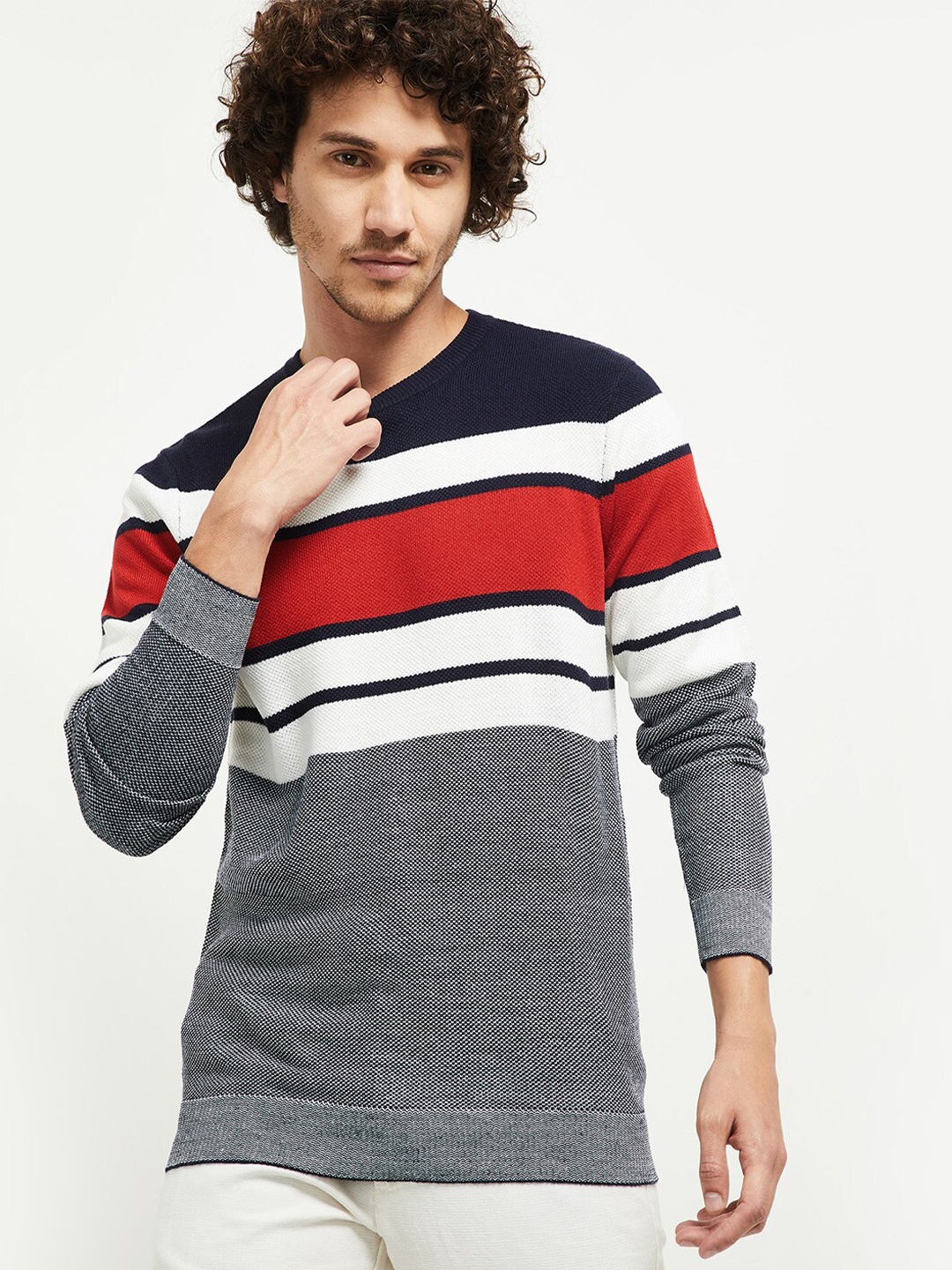 

max Men Navy Blue & Grey Acrylic Striped Pullover